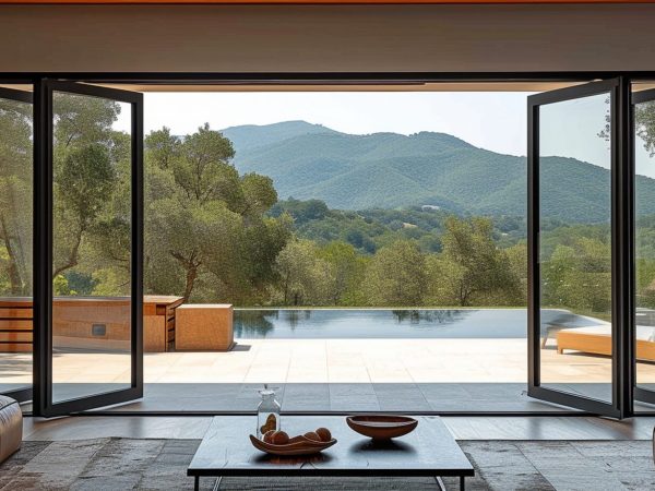 a folding aluminium door that opens to the terrace